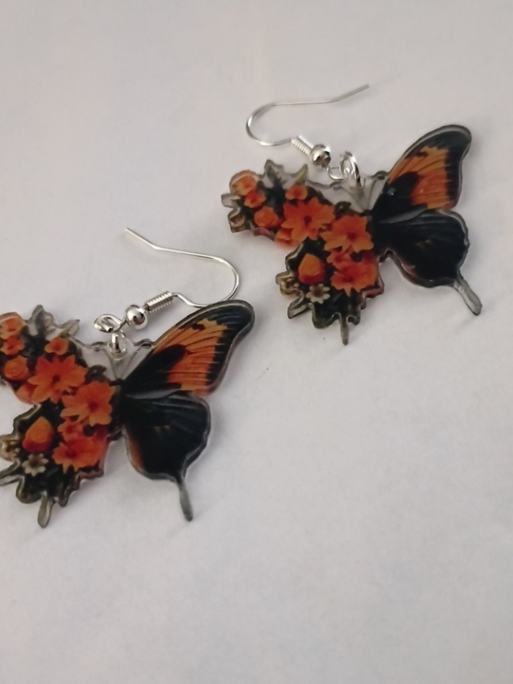 Orange and Black Butterfly Floral Drop Earrings - Women Jewelry